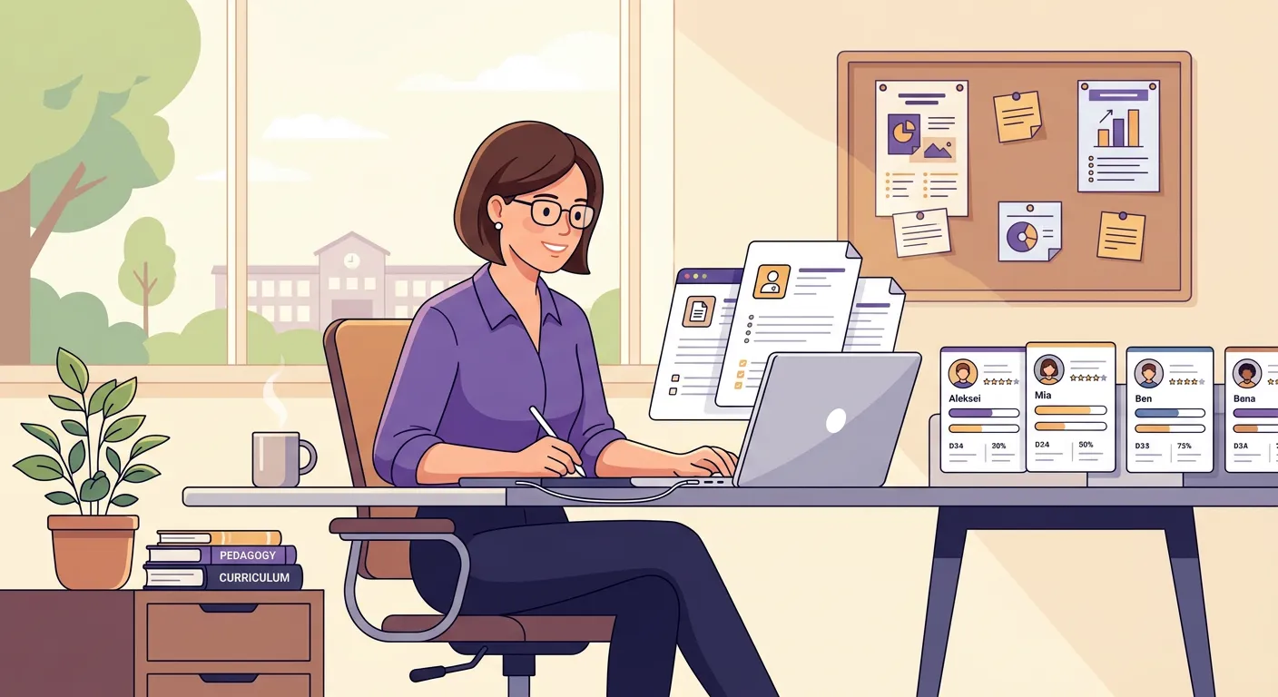 Insegnante al computer che personalizza i giudizi descrittivi per ogni alunno della classe