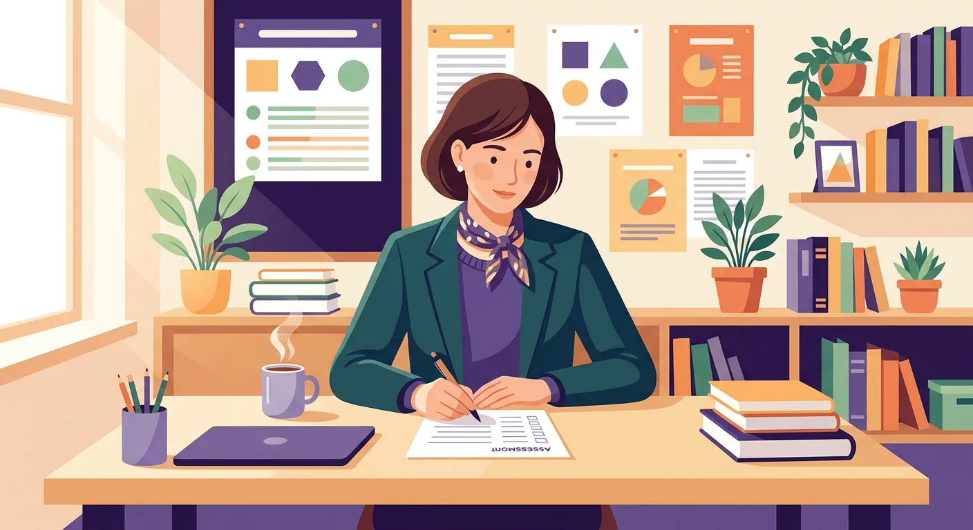 Docente che compila giudizi descrittivi sulla scheda di valutazione con esempi per ogni disciplina