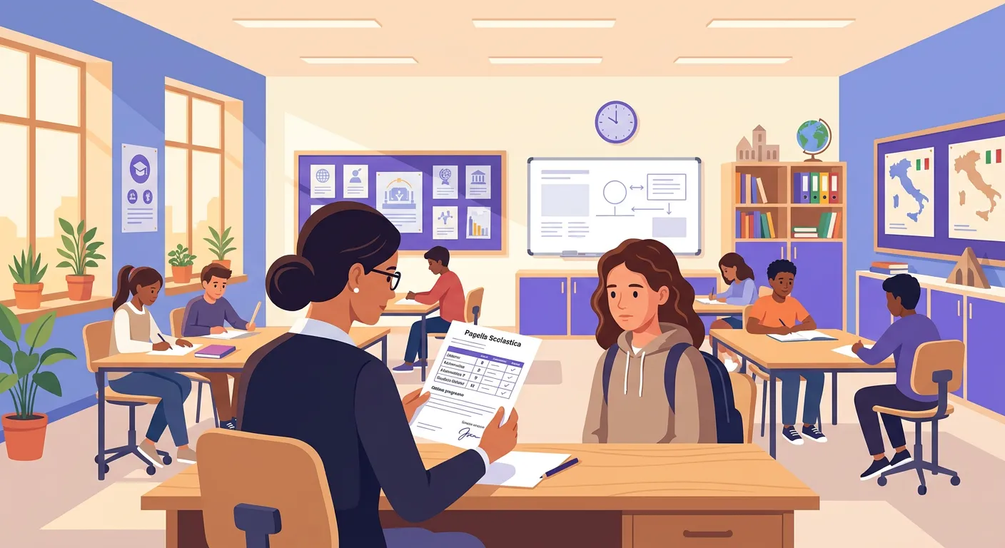 Scheda di valutazione della scuola secondaria con giudizio globale descrittivo accanto ai voti in decimi