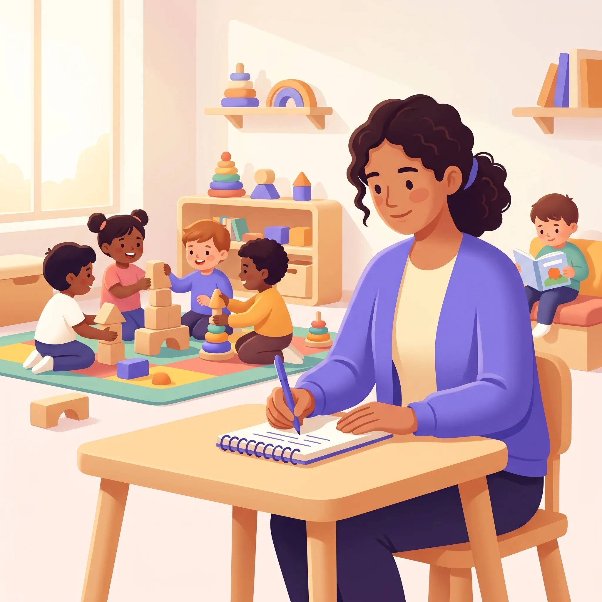 Maestra della scuola dell'infanzia che annota osservazioni su un quaderno mentre i bambini giocano