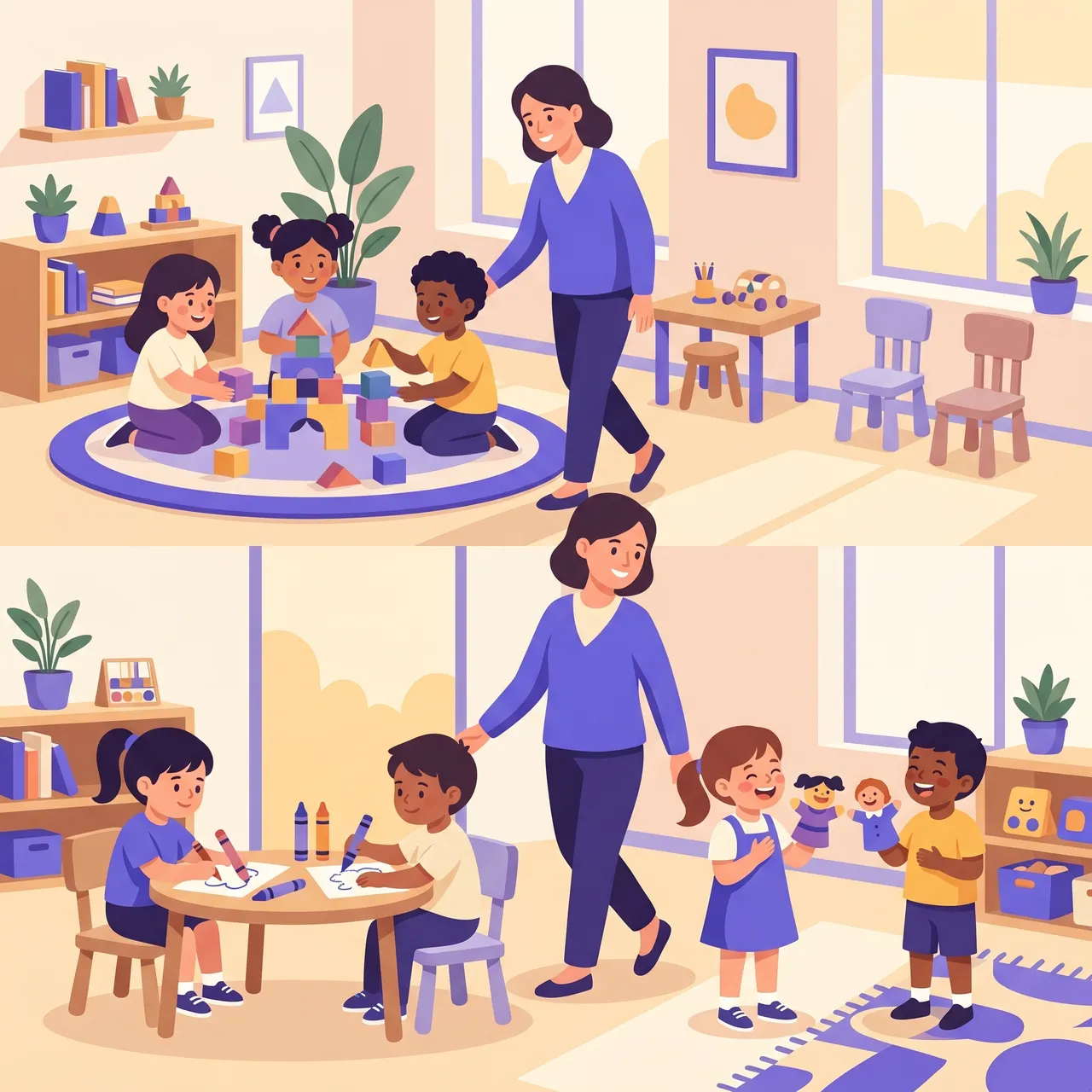 Bambini della scuola dell'infanzia in diverse attività mentre la maestra osserva costruzioni disegno e linguaggio