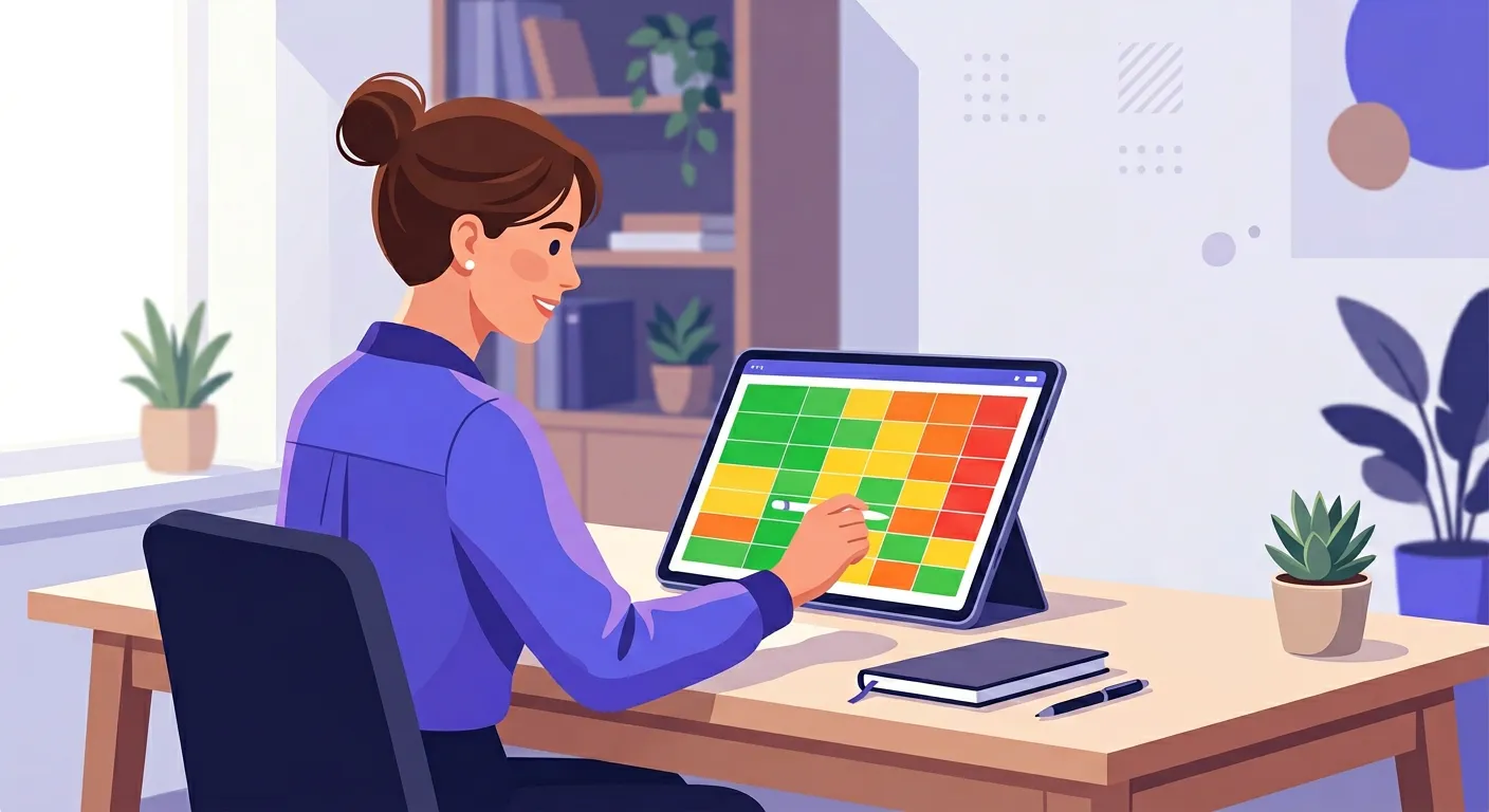 Docente che compila una griglia di valutazione digitale con indicatori e livelli