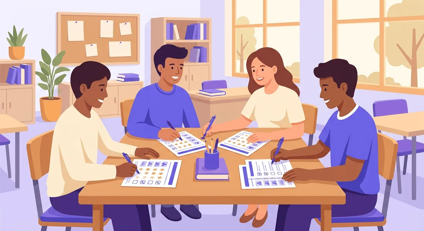 Studenti compilano la scheda di autovalutazione e valutazione tra pari dopo un lavoro di gruppo in classe