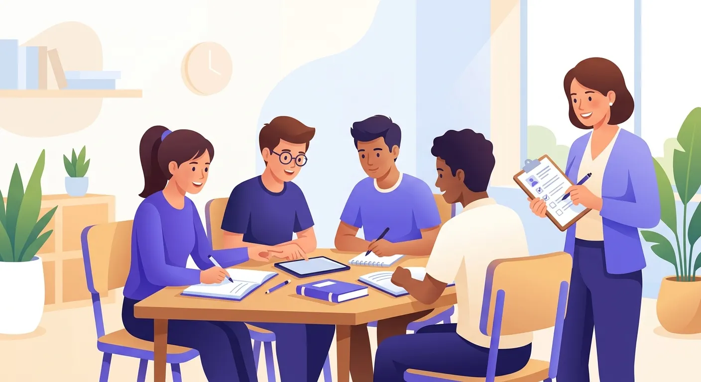 Studenti che lavorano in gruppo mentre la docente osserva e compila la griglia di valutazione del lavoro collettivo