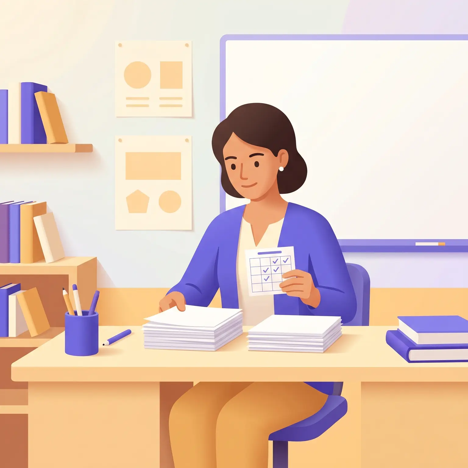 Docente corregge una verifica scritta usando la griglia di valutazione con punteggi e descrittori