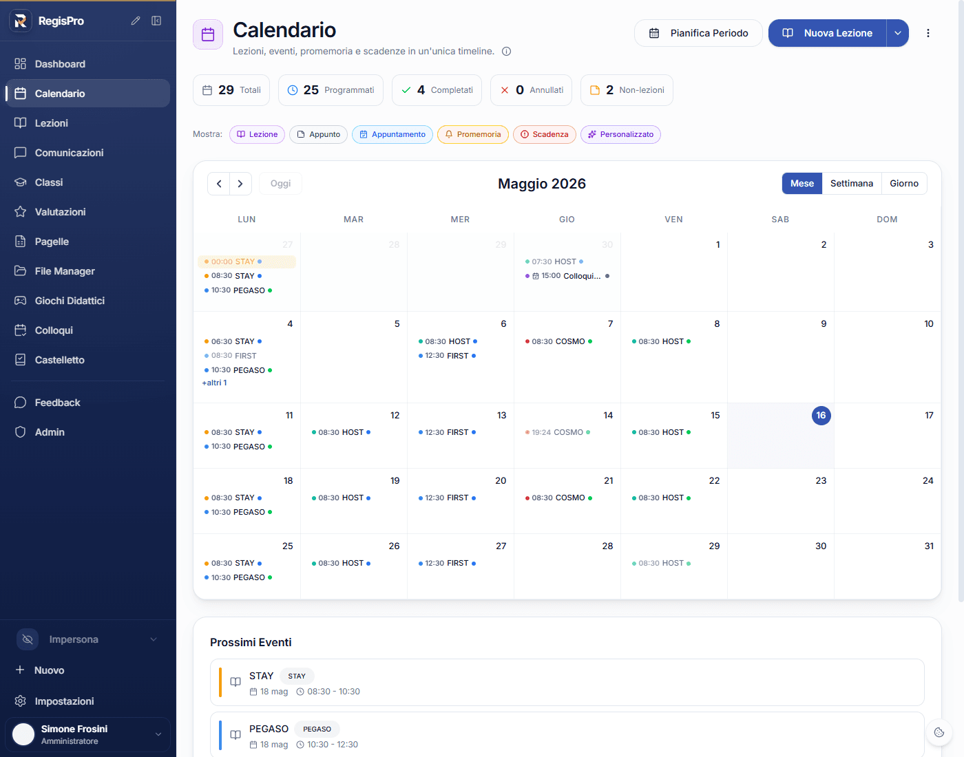 Vista mese del Calendario di RegisPro con eventi colorati per classe, statistiche e filtri tipo evento