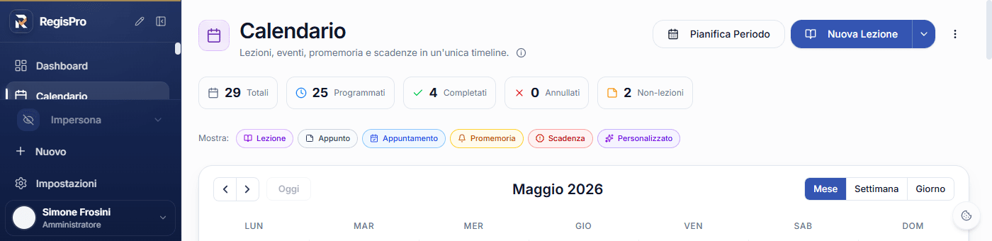 Header, statistiche e chip filtro del Calendario