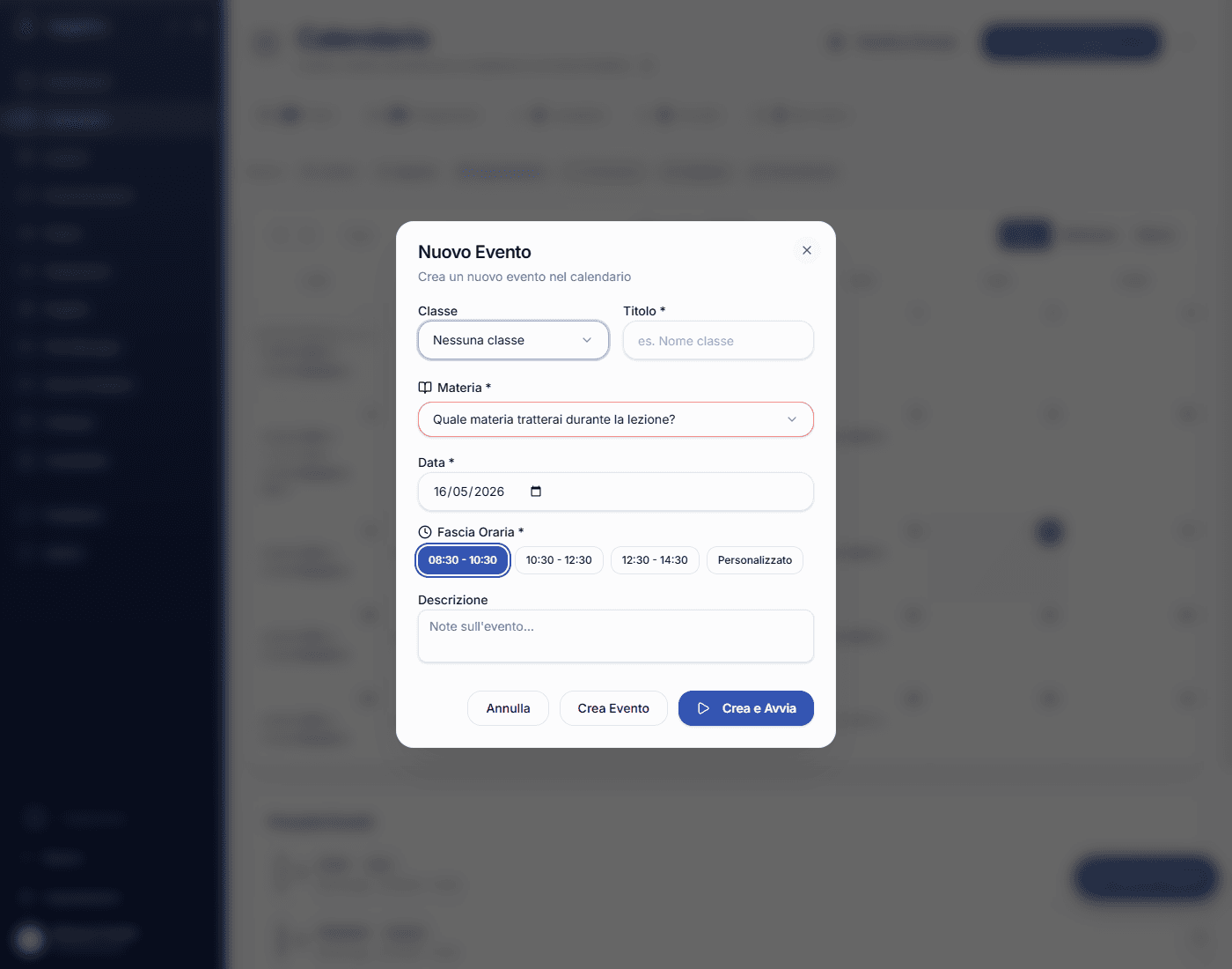 Dialog Nuovo Evento per creare una lezione