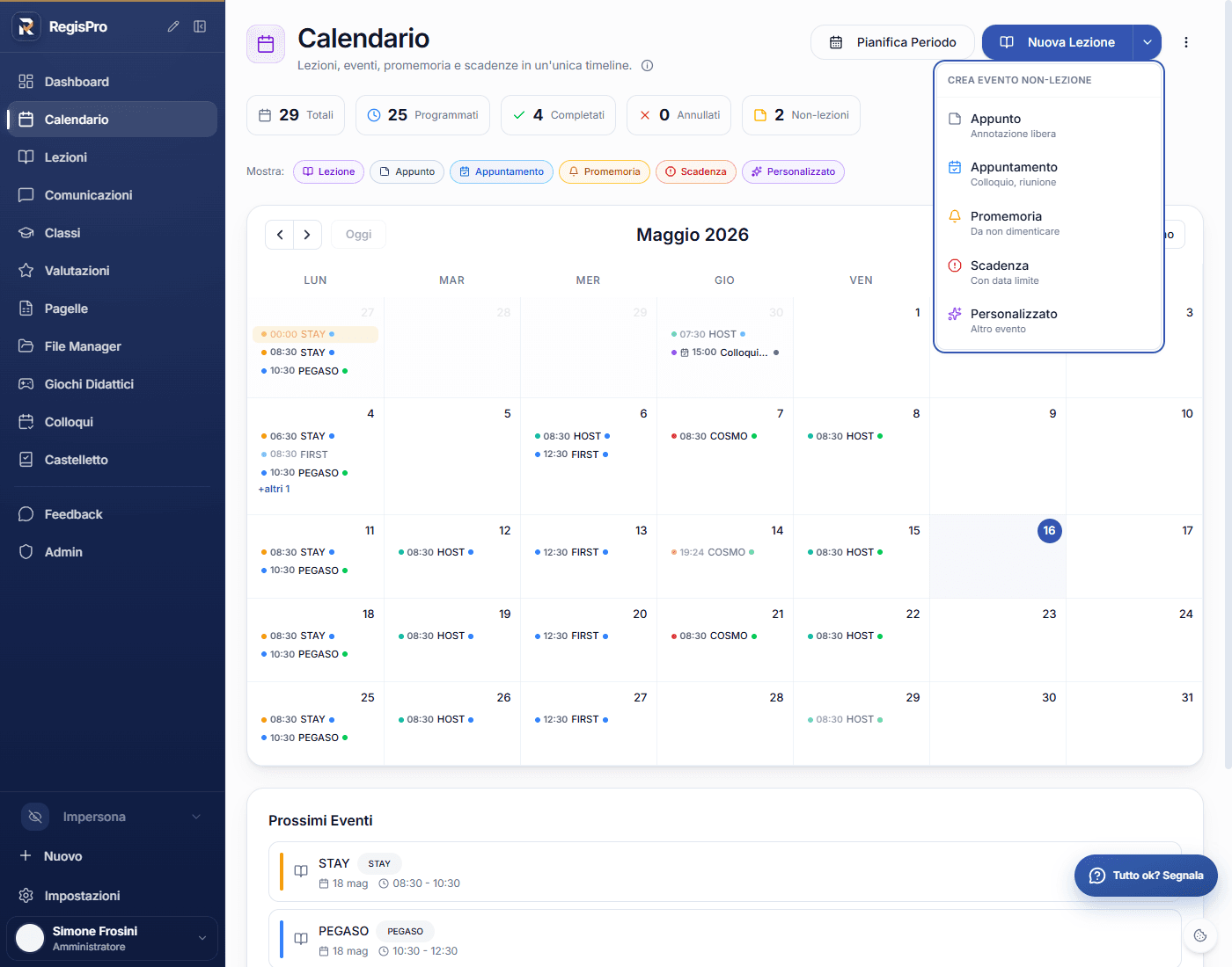 Il dropdown con i cinque tipi di evento non-lezione