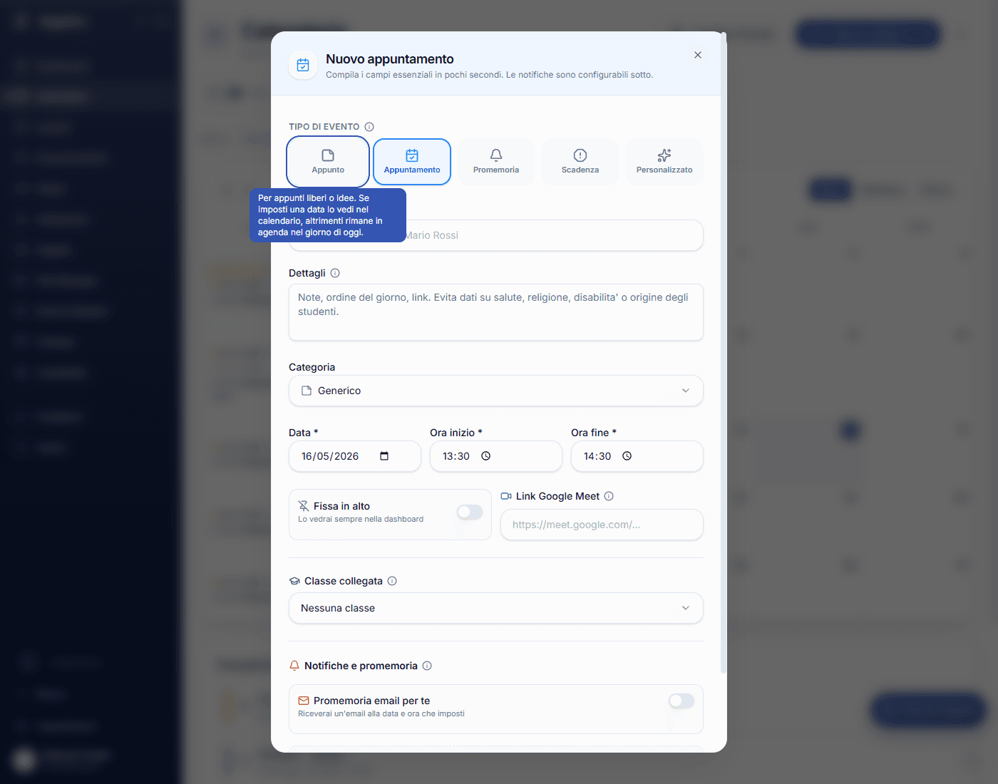 Dialog per creare un appuntamento del diario docente in RegisPro