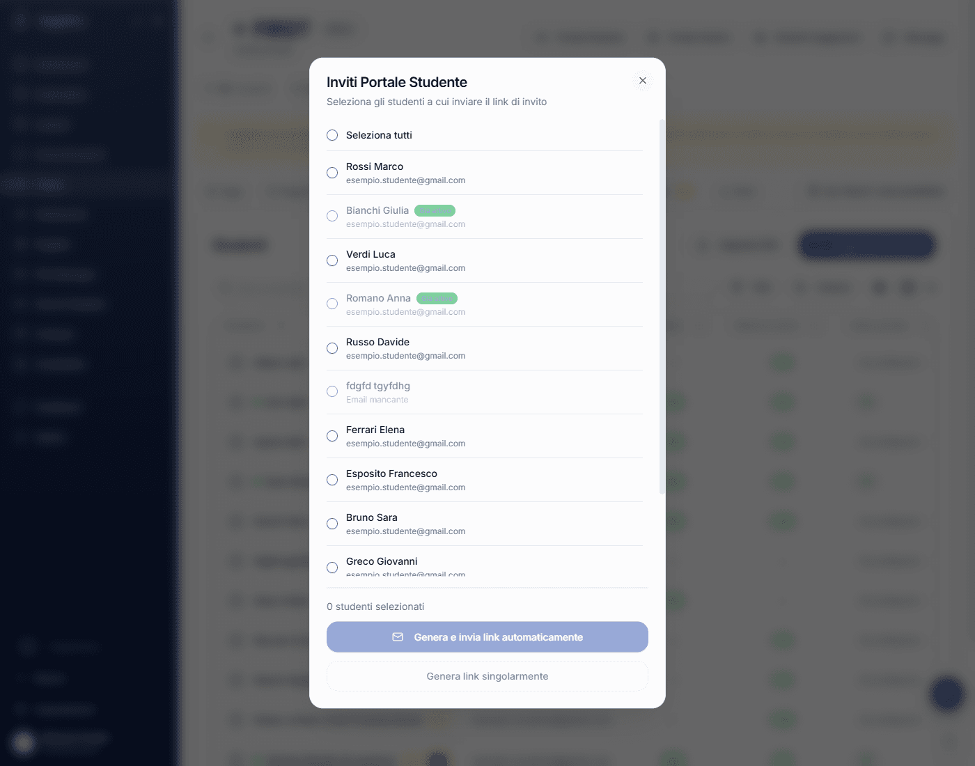 Dialog Inviti Portale Studente con lista checkbox e badge di stato