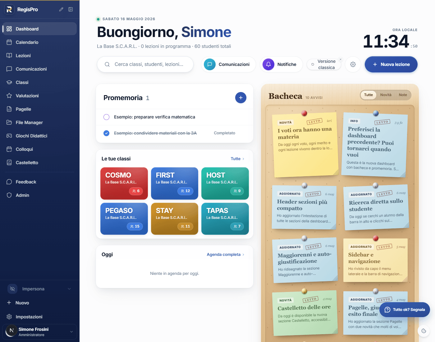Vista completa della dashboard di RegisPro con intestazione, Promemoria, Le tue classi, Oggi e Bacheca
