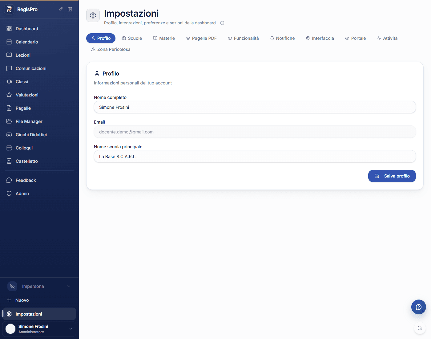 Tab Profilo nelle Impostazioni di RegisPro