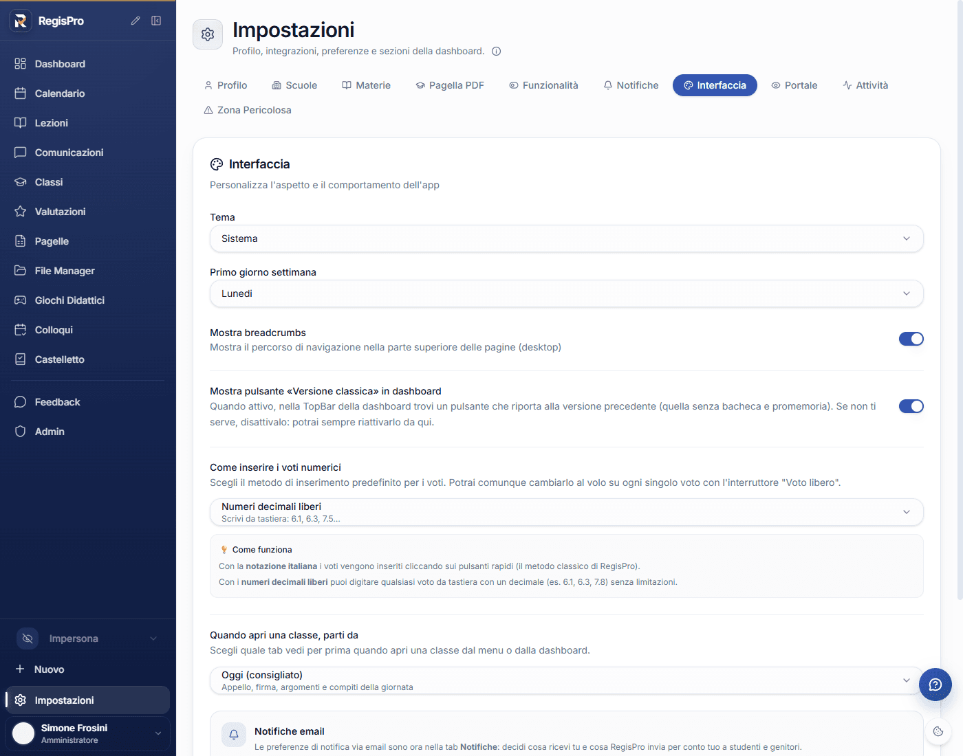 Tab Interfaccia con tema, prima settimana, modalità voti, default tab classe