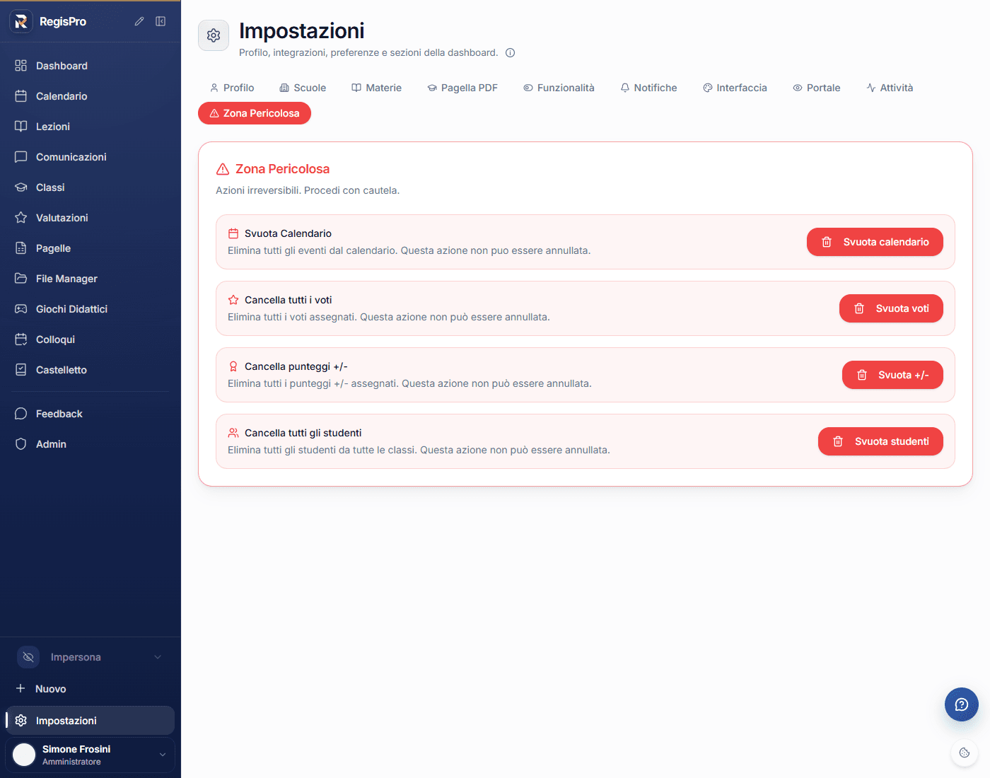 Tab Zona Pericolosa con 4 cancellazioni massive in rosso