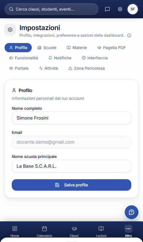 Vista mobile delle Impostazioni di RegisPro