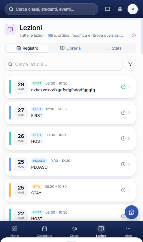Vista mobile della tab Registro di Lezioni