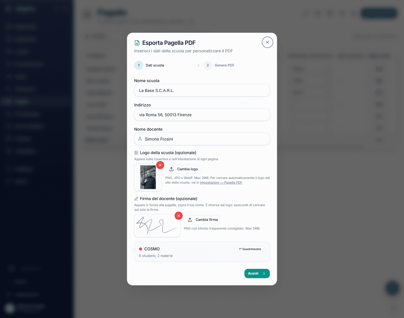 Dialog Esporta Pagella PDF con selezione studenti