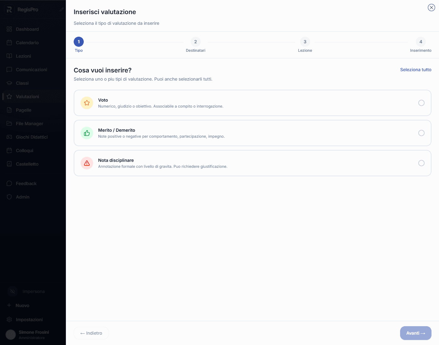 Wizard Inserisci valutazione step 1 Tipo