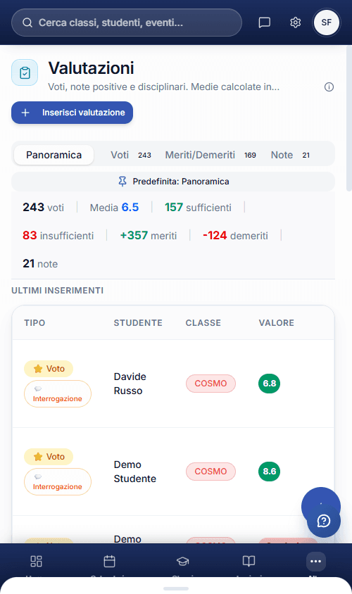Vista mobile Valutazioni con scroll