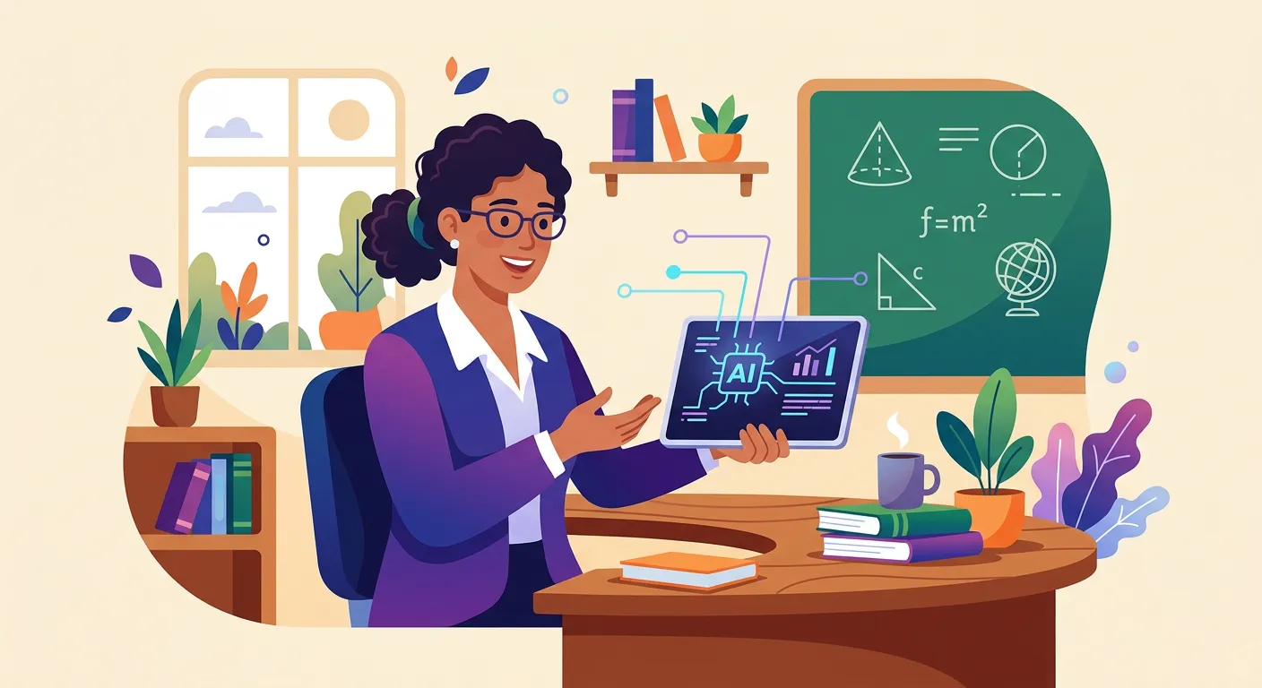 Docente che utilizza l'intelligenza artificiale su tablet in una classe moderna