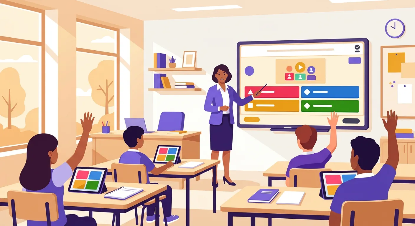 Docente che usa Kahoot per quiz interattivi con studenti in classe