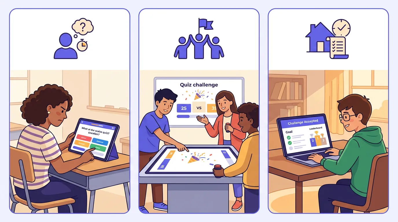 Schema delle tre modalità di gioco Kahoot: classica, squadra e sfida asincrona