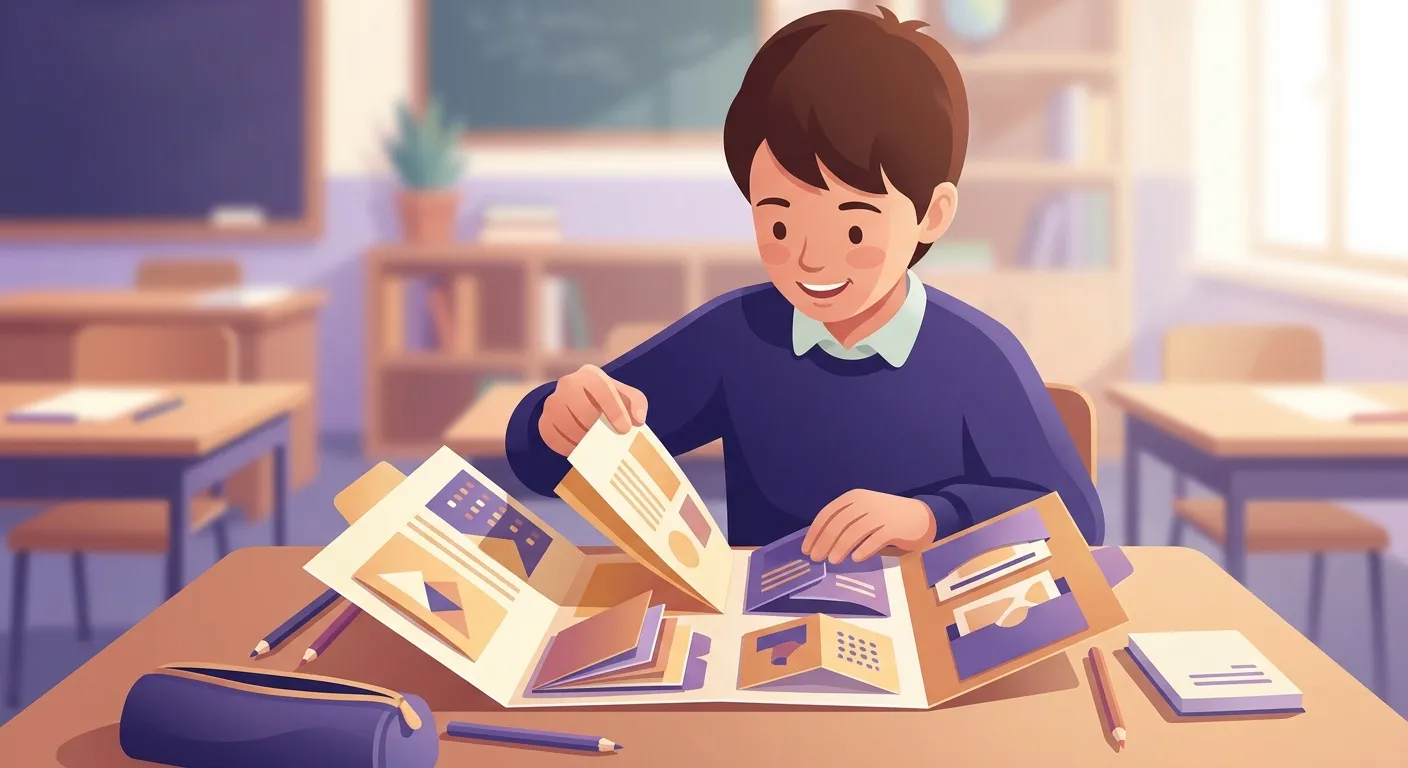Bambino di scuola primaria che apre un lapbook con tasche e minibook colorati sul banco