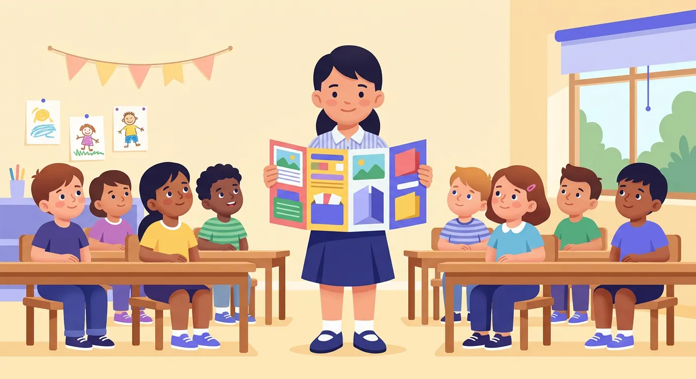Studentessa che presenta lapbook geografia regioni Italia ai compagni di classe primaria