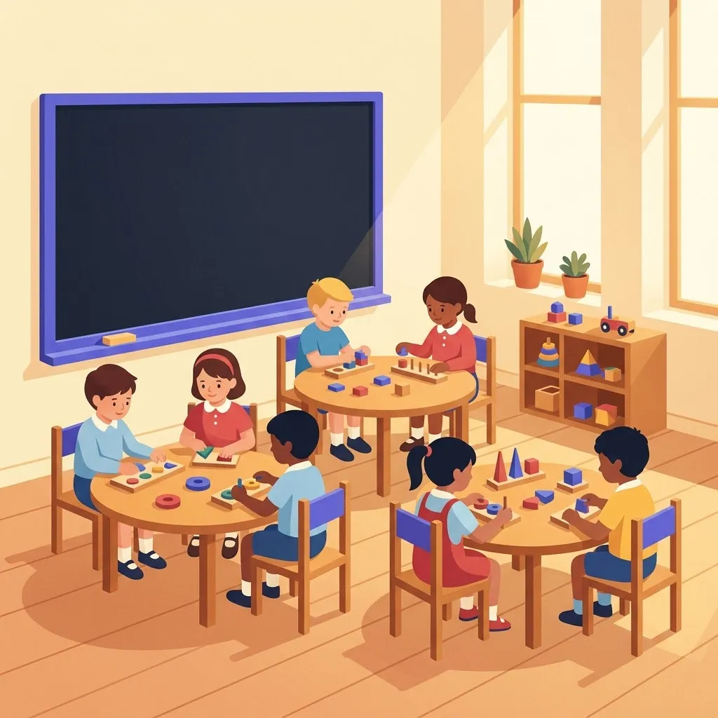 Aula scuola primaria italiana con bambini in piccoli gruppi di lavoro learning by doing manipolativo