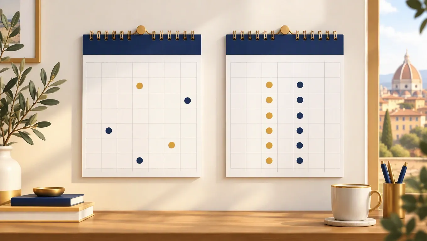 Due calendari affiancati: uno con poche lezioni private sparse nel mese e uno pieno di lezioni fisse ogni settimana
