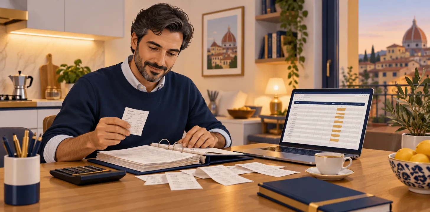 Docente al tavolo di casa controlla i compensi delle lezioni private senza partita IVA per la dichiarazione