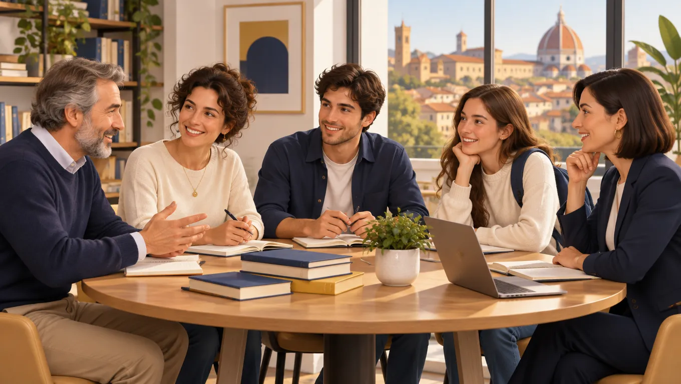 Cinque persone diverse attorno a un tavolo: docente di ruolo, docente part-time, supplente, studente universitario e professionista