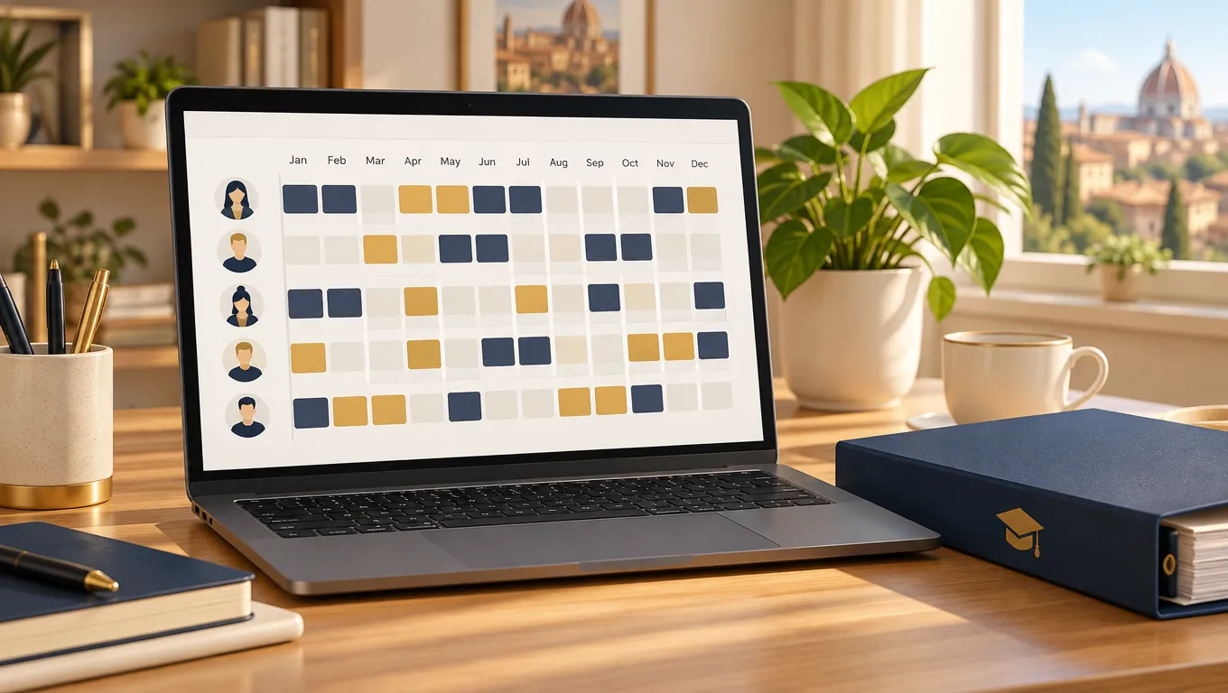 Laptop con il prospetto annuale delle lezioni private diviso per studente e mese, pronto per il commercialista
