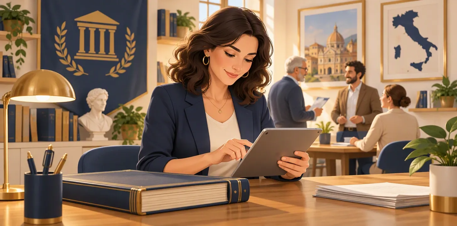 Segretario di un'associazione aggiorna il libro soci su un tablet nella sede del sodalizio