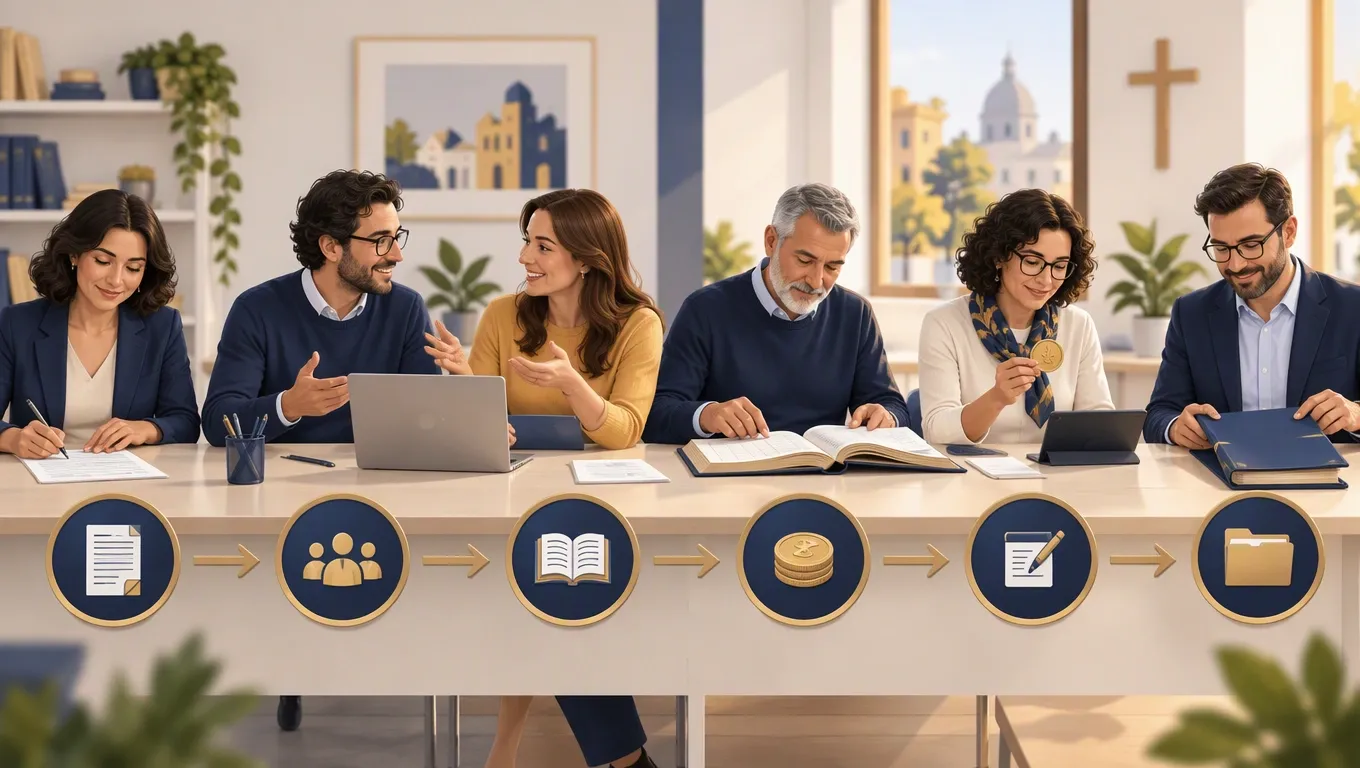 Sequenza di sei passaggi dalla domanda di ammissione alla registrazione del nuovo socio, illustrata su un tavolo di lavoro