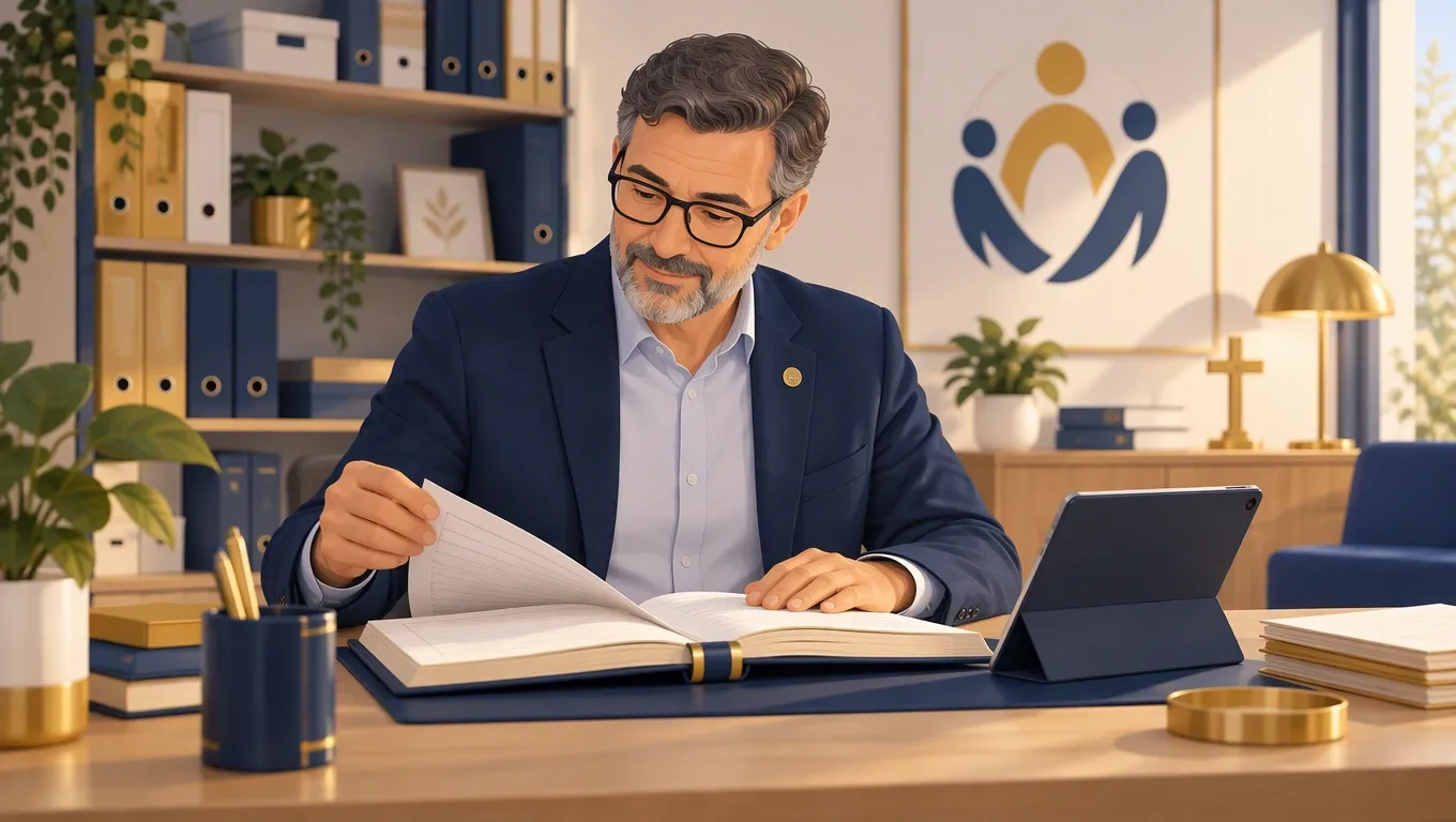 Presidente di un'associazione consulta un registro rilegato accanto a un tablet nella sede sociale