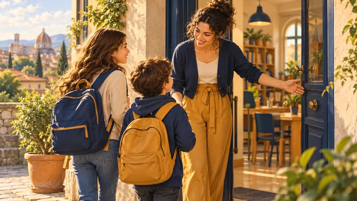 Due fratelli con lo zaino arrivano al doposcuola accolti dall'educatrice sulla porta
