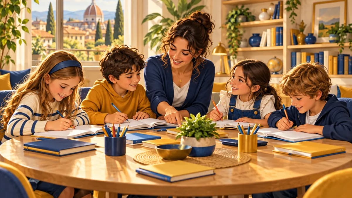 Piccolo gruppo di bambini della primaria fa i compiti al doposcuola con una giovane educatrice