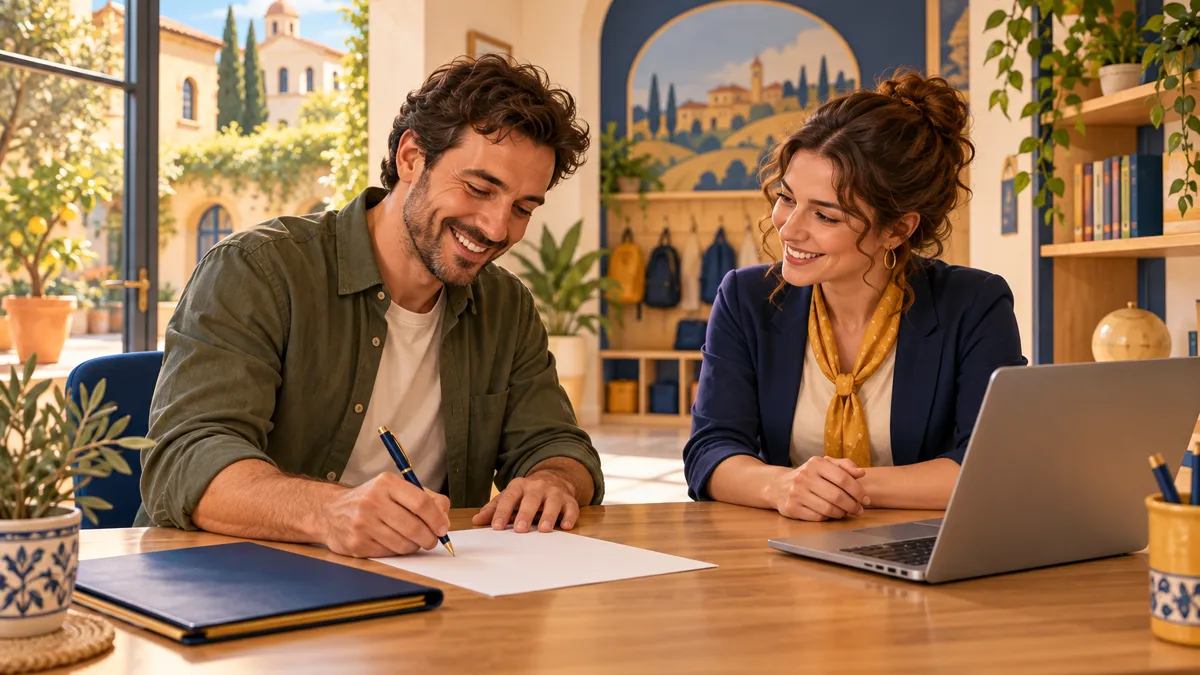 Padre firma il modulo di iscrizione e il listino del doposcuola davanti alla coordinatrice