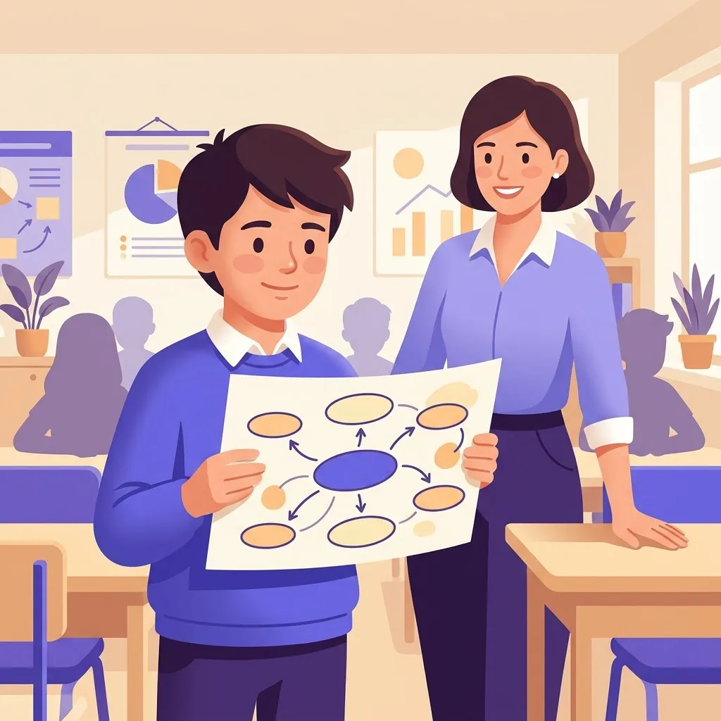 Alunno con dislessia usa mappa concettuale durante interrogazione orale supportato dalla docente