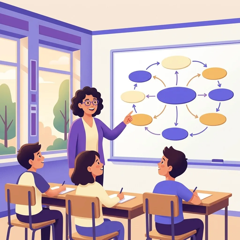 Docente mostra agli alunni una mappa concettuale colorata alla lavagna in classe italiana