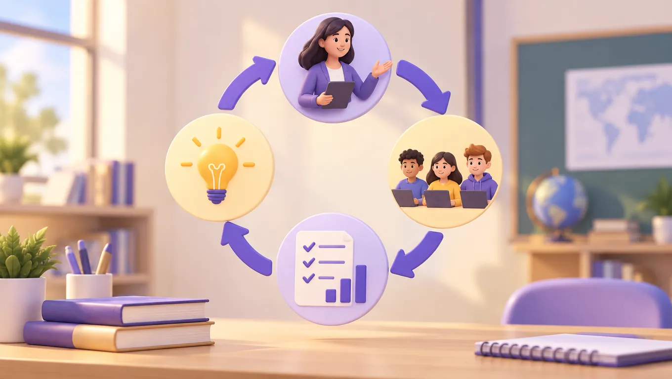 Ciclo delle fasi del mastery learning rappresentato come anello di frecce sopra una scrivania con libri
