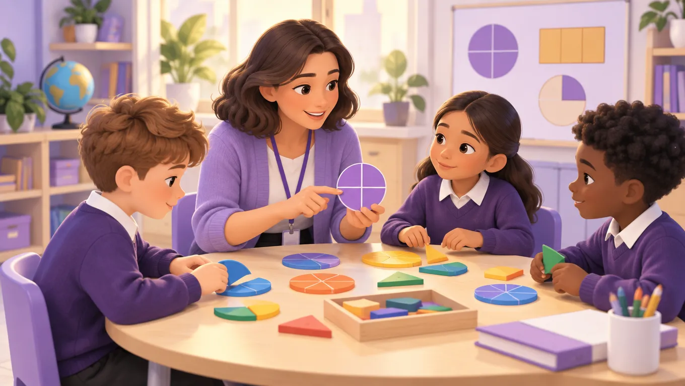 Docente lavora al tavolo con tre alunni su strisce frazionarie durante l'attività correttiva di mastery learning