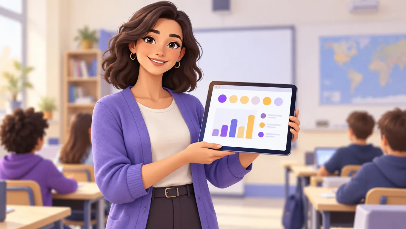 Docente consulta su tablet un tabellone colorato con i progressi degli alunni per obiettivo