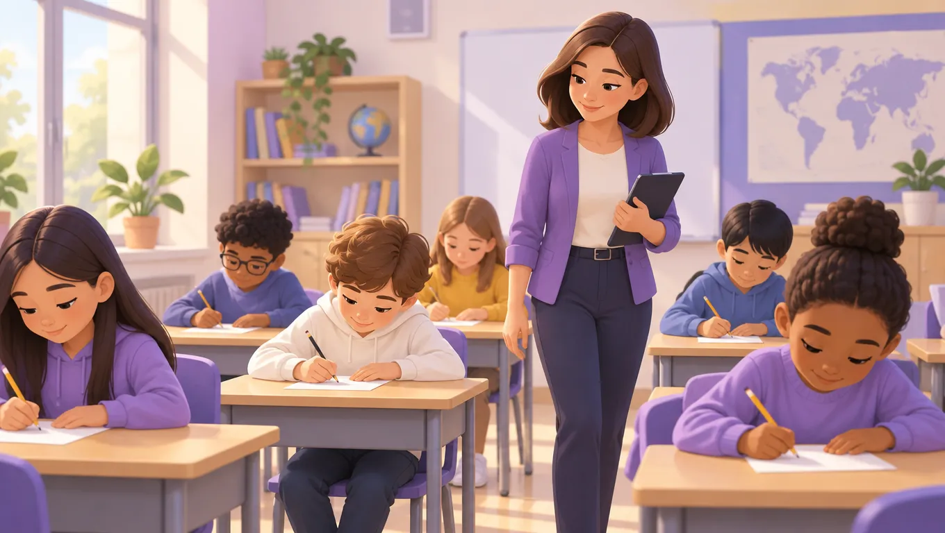 Alunni svolgono un breve test formativo in classe mentre la docente osserva fra i banchi