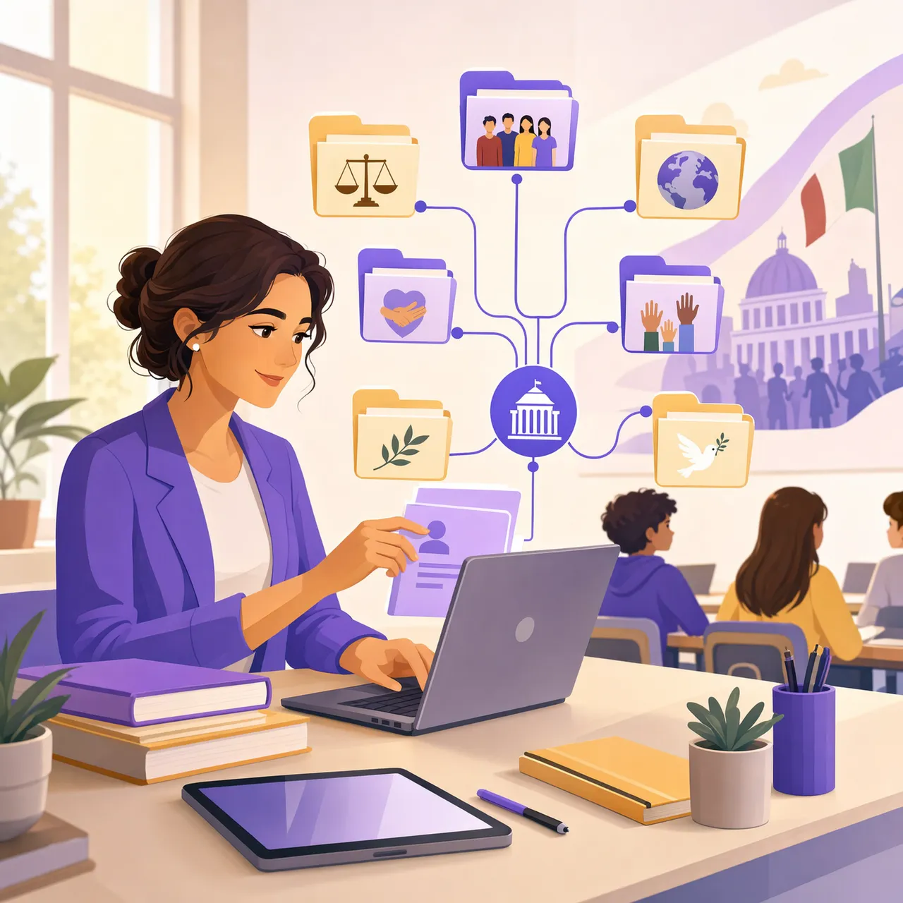 Docente che organizza materiale didattico di educazione civica in PDF dentro un registro elettronico