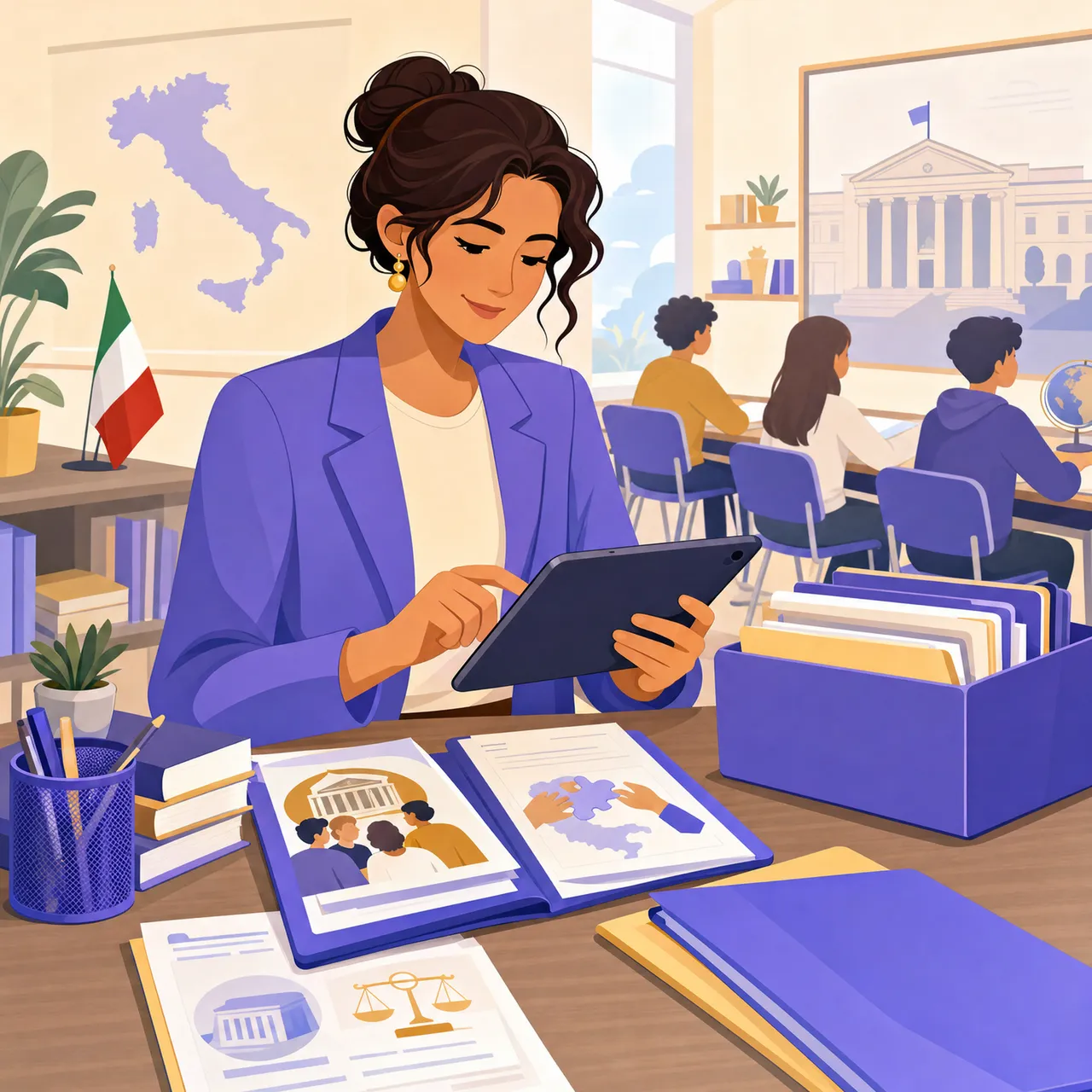 Docente che organizza schede e materiale didattico di educazione civica in PDF su un tablet