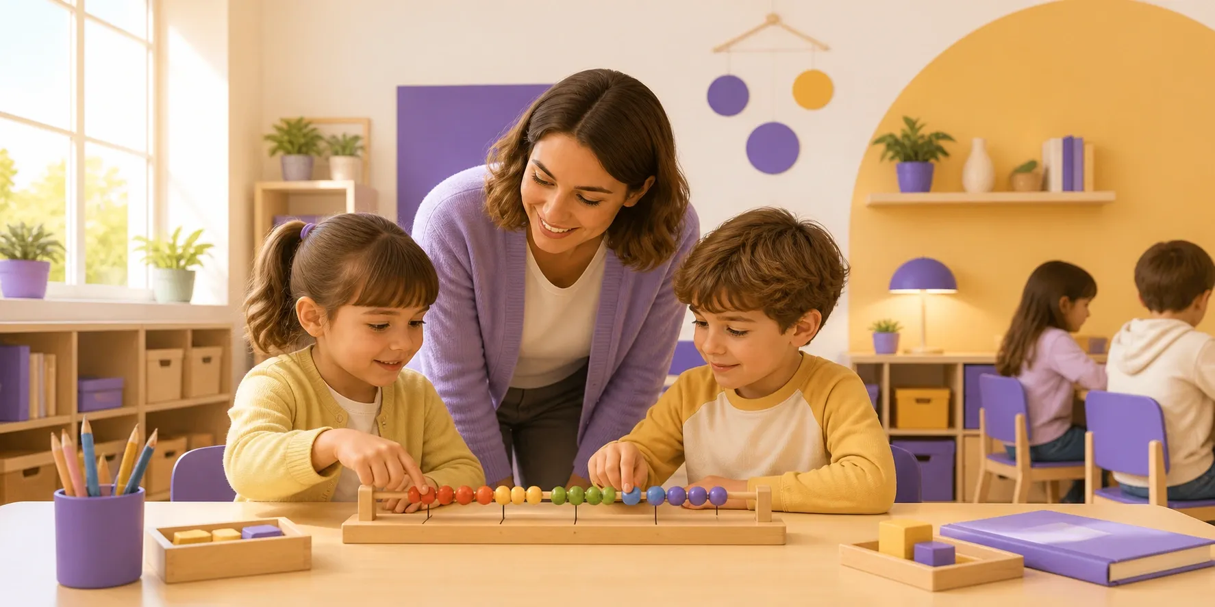 Maestra e bambini di prima primaria che imparano a contare con il metodo analogico Bortolato