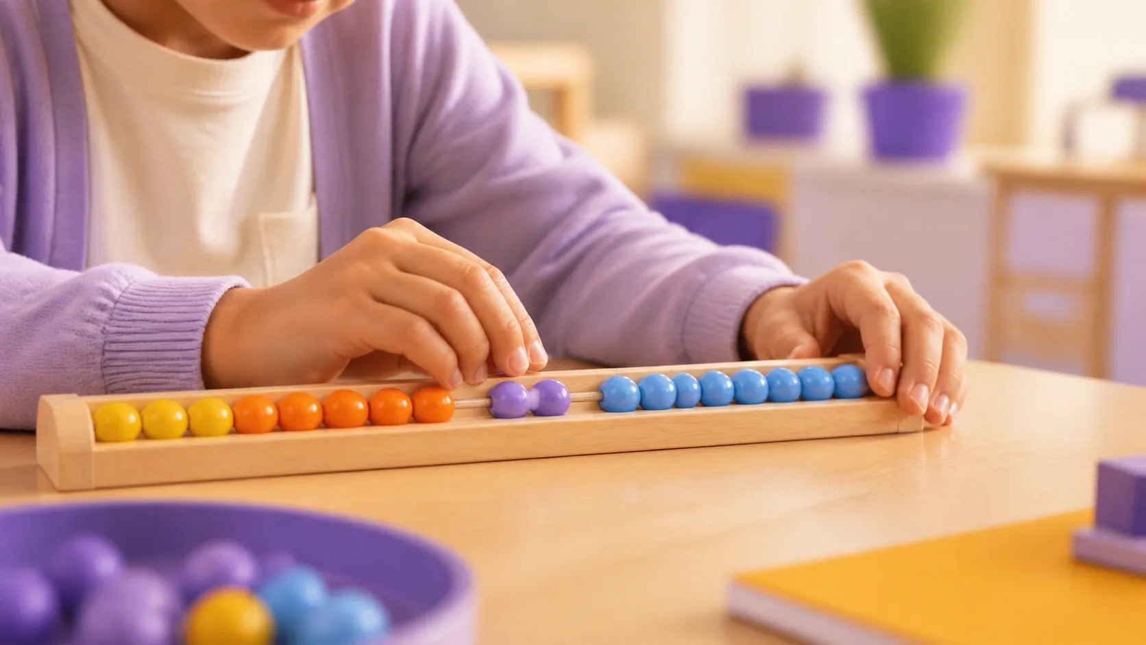 Mani di un bambino che spostano le palline colorate su uno strumento tipo Linea del 20